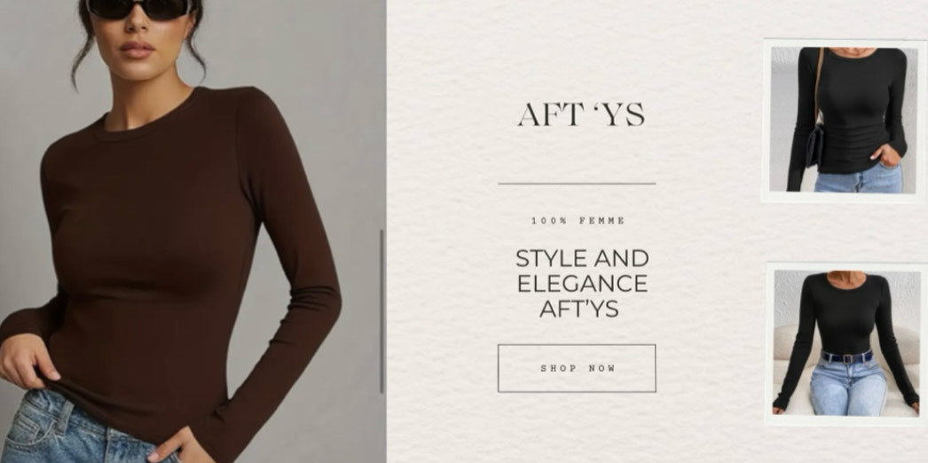 Woman wearing a brown long-sleeve top with 'AFTYS' branding on a light gray background.